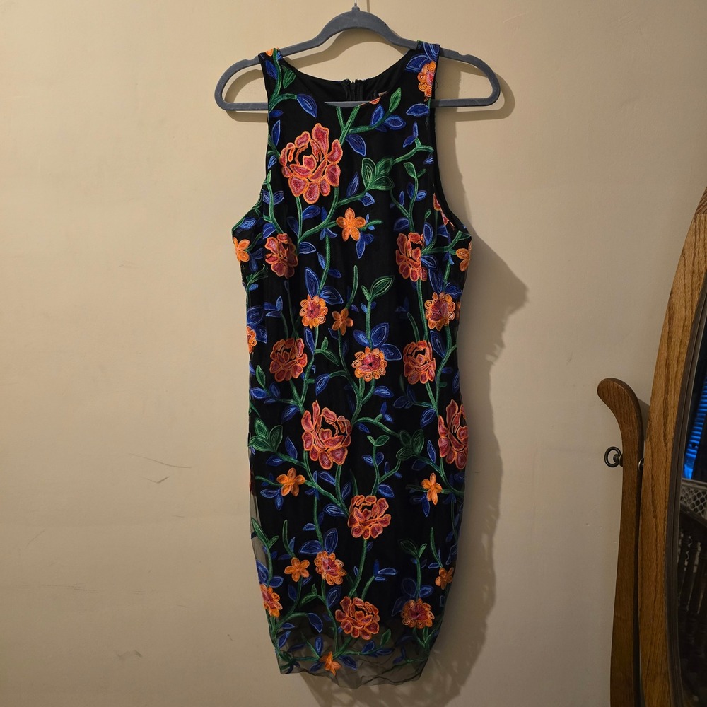 Alexia Admor Womens Floral Embroidered Mesh Sheath Dress Black Sleeveless Large